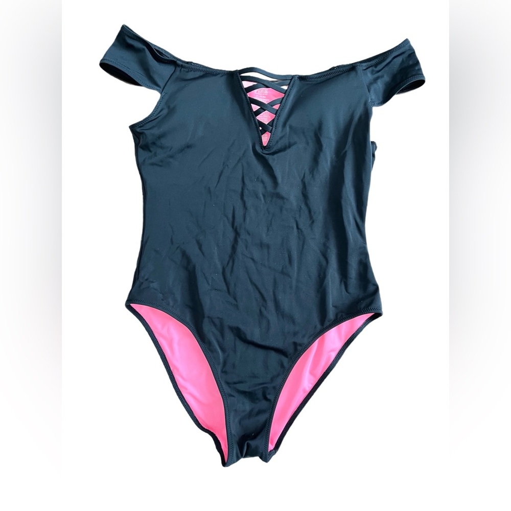 PINK Kids Off-Shoulder One Piece Swimsuit - Black and Pink